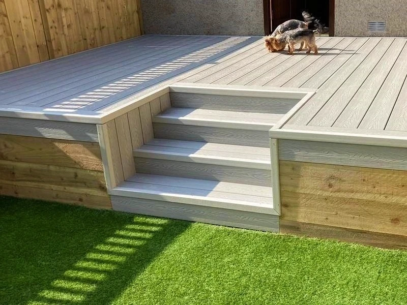 light gray composite decking with steps