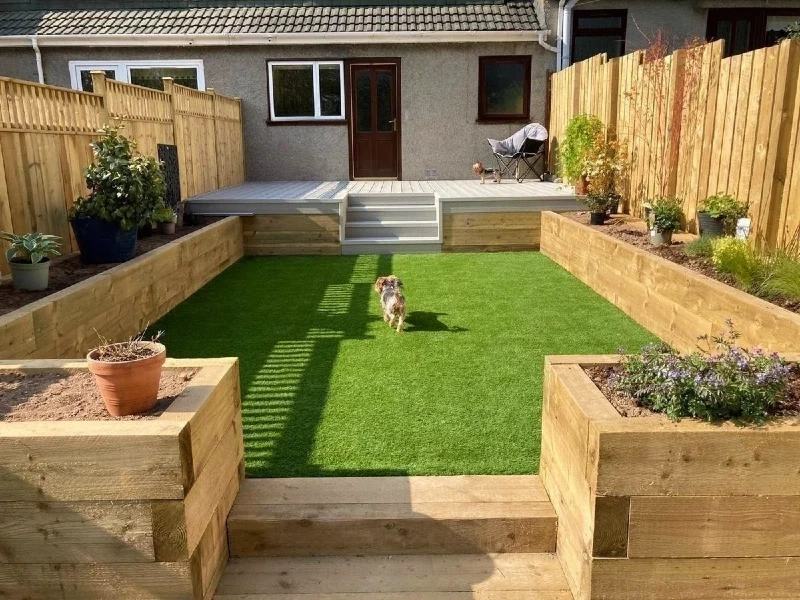 wooden flower beds in a cozy garden